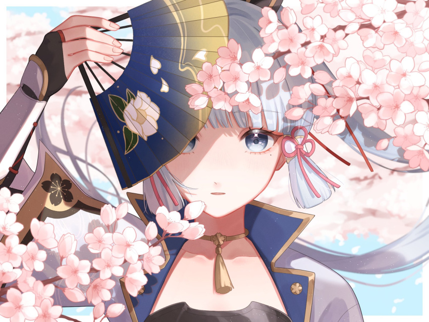 1girl arm_guards armor blunt_bangs blurry bridal_gauntlets cherry_blossoms choker collarbone commentary_request covering_face dancing depth_of_field folding_fan genshin_impact grey_eyes grey_hair hair_ornament hair_ribbon hair_tubes hana_(nemukunai87) hand_fan highres holding holding_fan japanese_armor japanese_clothes kamisato_ayaka long_hair looking_at_viewer mole mole_under_eye parted_lips ponytail ribbon short_sleeves sidelocks solo tress_ribbon wind