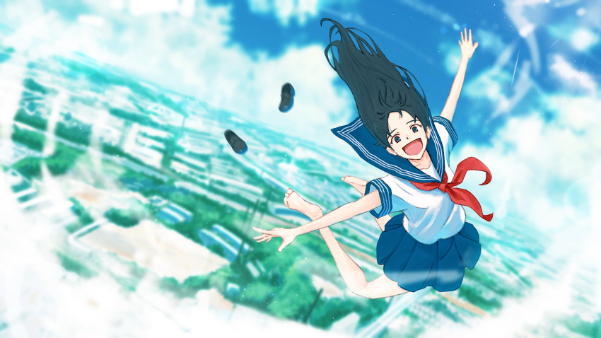 1girl :d absurdres barefoot black_footwear black_hair blue_eyes blue_sailor_collar blue_skirt blue_sky city clouds cloudy_sky day dot_nose falling feet_up floating_hair forehead highres horizon long_hair miniskirt neckerchief oka_kojiro open_mouth original outdoors outstretched_arms pleated_skirt red_neckerchief sailor_collar school_uniform serafuku shirt shoe_loss shoes shoes_removed short_sleeves sidelocks skirt sky sleeve_cuffs smile soles solo straight_hair white_shirt