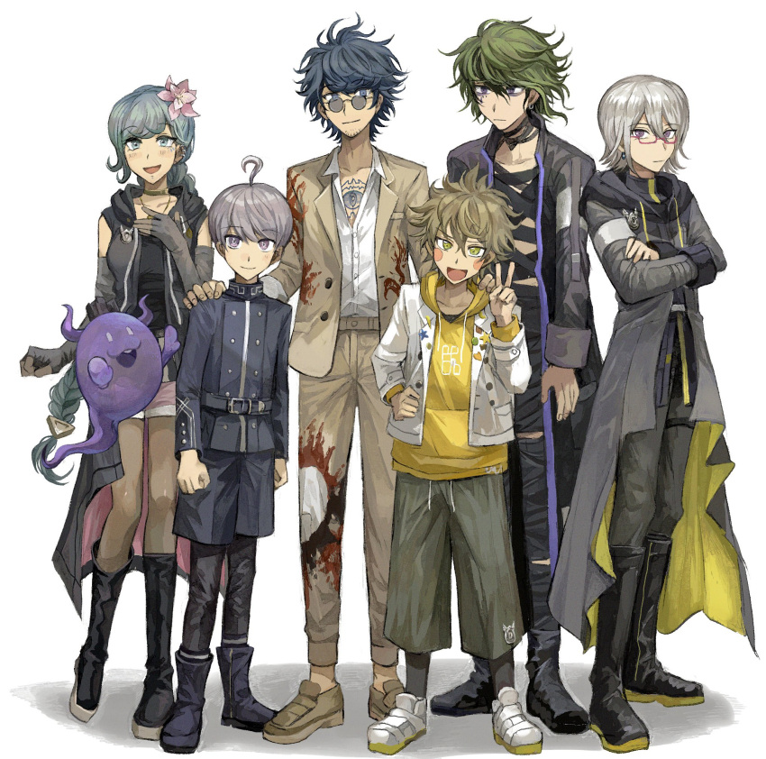 1girl 1other 4boys ahoge bandaged_chest black_footwear blonde_hair blue_eyes blue_hair blue_jacket boots braid chest_tattoo closed_mouth coat collared_shirt commentary_request crossed_arms desuhiko_thunderbolt facial_hair flower fubuki_clockford full_body glasses green_eyes green_hair grey_coat grey_hair hair_between_eyes hair_flower hair_ornament halara_nightmare hand_on_another's_shoulder hand_on_own_chest hashi_(84_rainco) highres hood hood_down hooded_coat hoodie horns jacket jewelry long_hair long_sleeves looking_at_viewer master_detective_archives:_rain_code multiple_boys necklace open_mouth pants partially_unbuttoned pink-framed_eyewear pink_flower purple_eyeliner purple_hair round_eyewear shinigami_(rain_code) shirt short_hair single_braid sleeveless_coat smile standing stubble tattoo tinted_eyewear v violet_eyes vivia_twilight white_footwear white_jacket white_shirt yakou_furio yellow_hoodie yellow_jacket yellow_pants yuma_kokohead