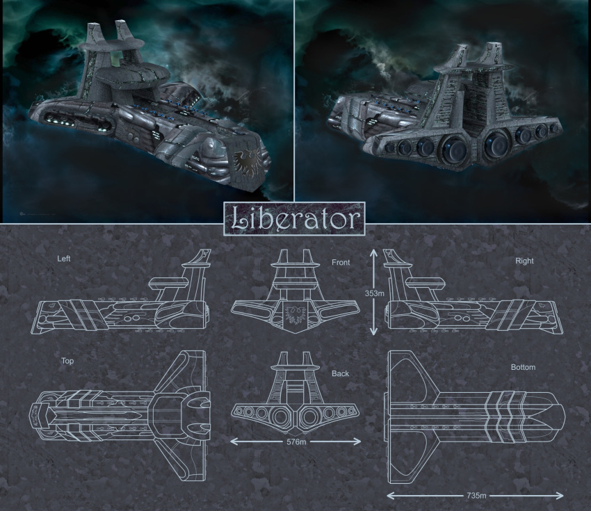 3d battleship_(eve_online) blueprint_(medium) cannon commentary concept_art energy_cannon eve_online from_side gallente_federation_(eve_online) glowing highres military_vehicle multiple_views nebula original outdoors ozzef reference_sheet science_fiction space spacecraft thrusters turret vehicle_focus