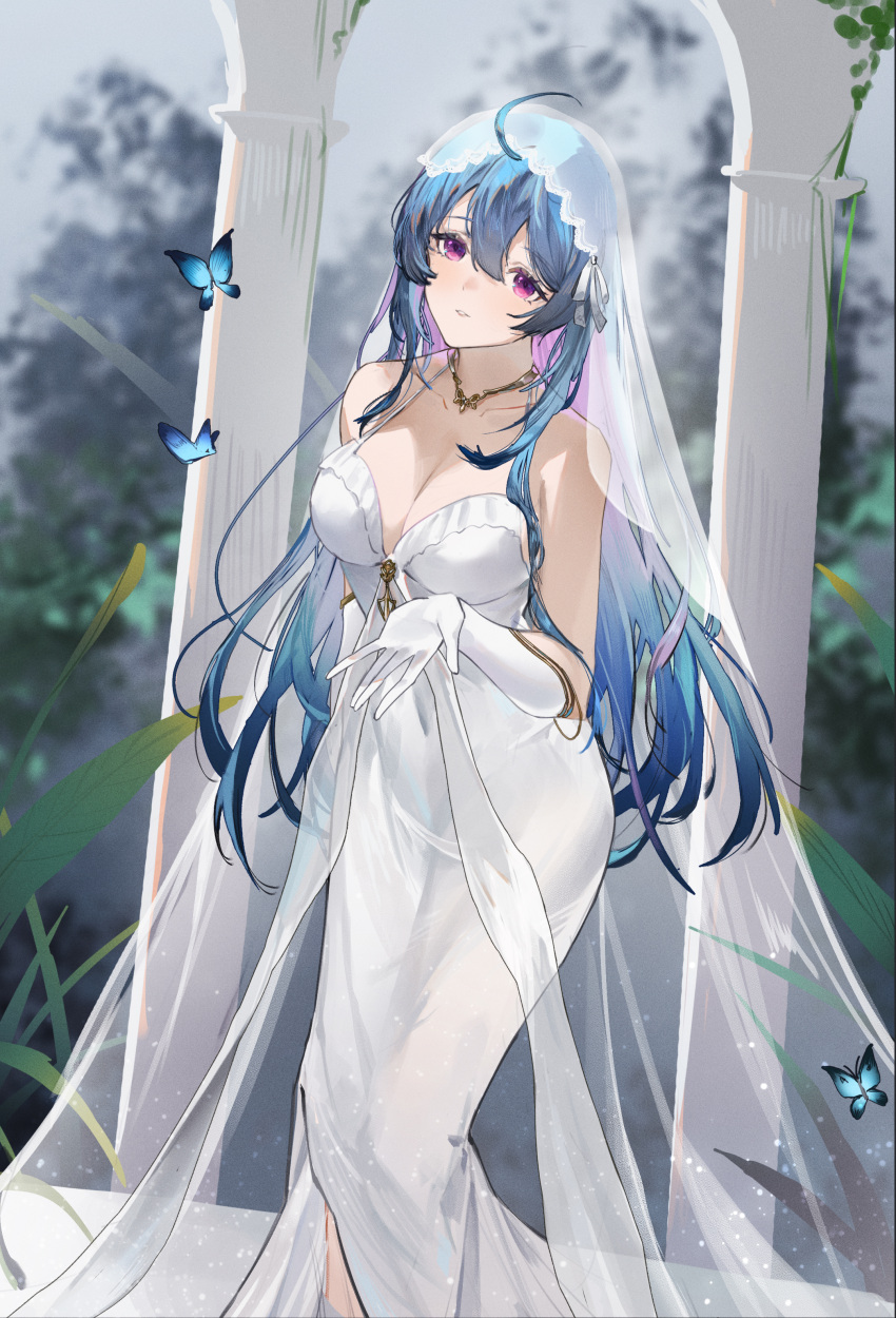 1girl absurdres ahoge azur_lane bare_shoulders blue_hair bridal_gauntlets bridal_veil bride bug butterfly clenched_teeth collar covered_navel dress flantia gloves helena_(azur_lane) helena_(miracle_in_white)_(azur_lane) highres open_mouth solo strapless strapless_dress teeth veil violet_eyes white_dress white_gloves