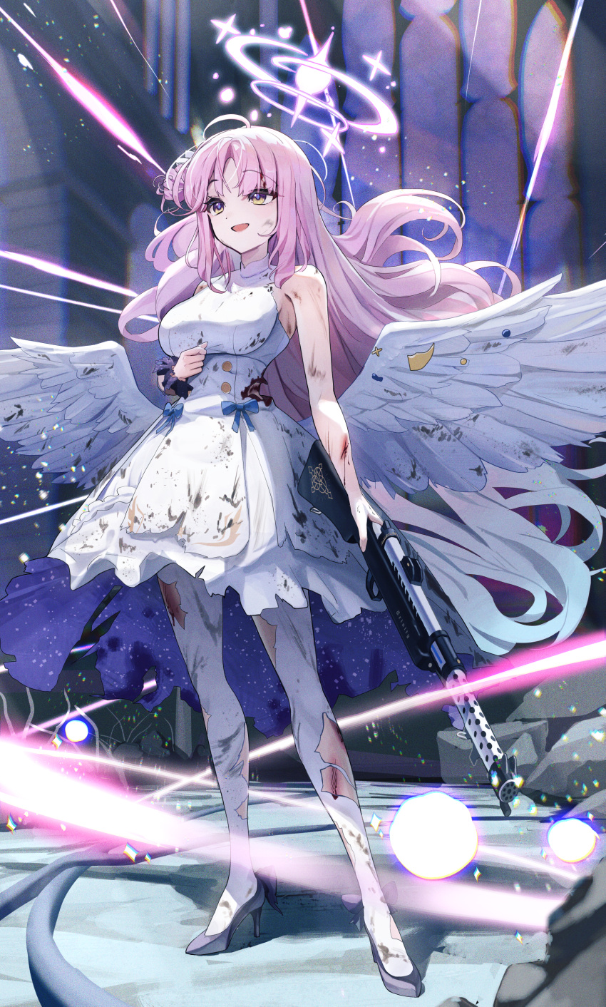 1girl absurdres blood blue_archive breasts dress ginlear gun high_heels highres holding holding_gun holding_weapon injury large_breasts long_hair mika_(blue_archive) pantyhose pink_hair sleeveless sleeveless_dress torn_clothes torn_pantyhose weapon white_dress white_pantyhose wings yellow_eyes