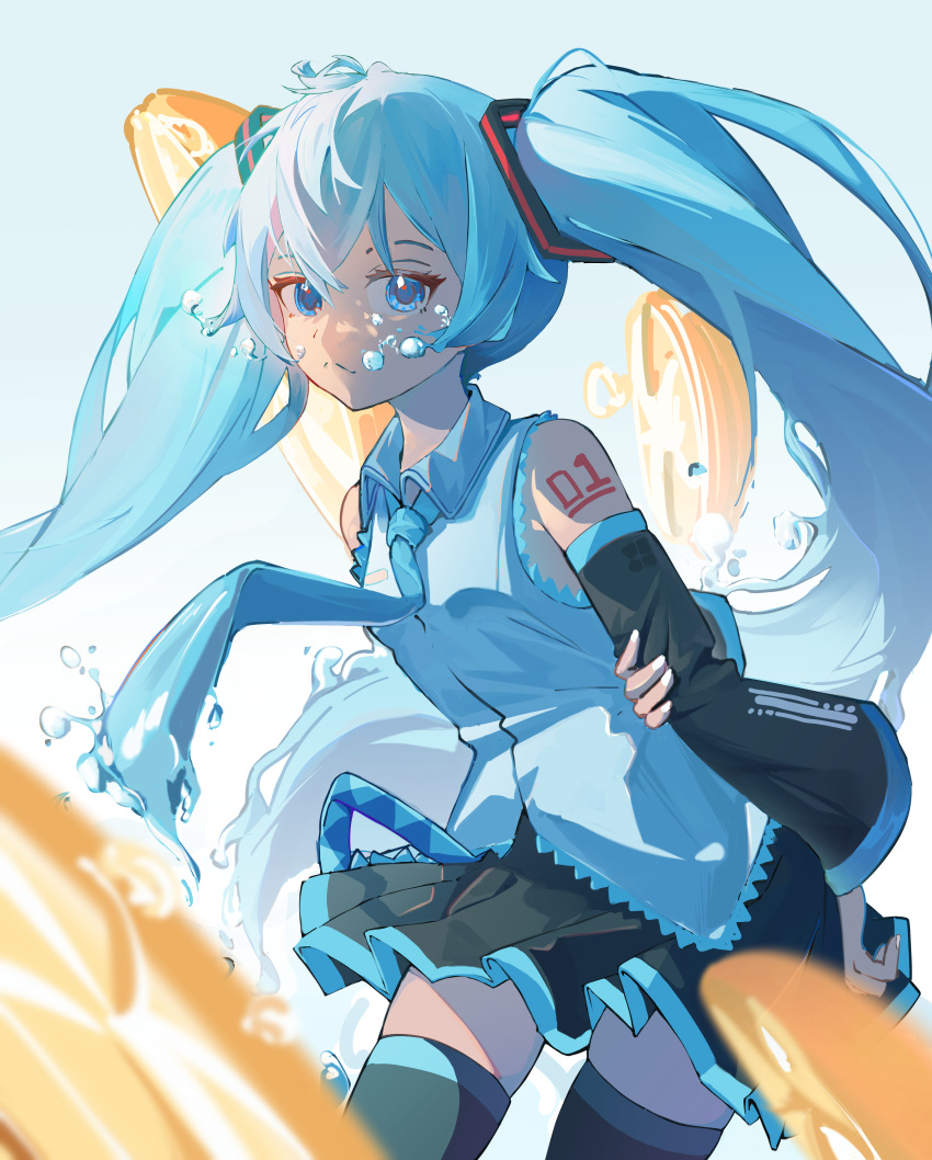 1girl absurdres air_bubble bare_shoulders black_skirt black_thighhighs blue_eyes blue_hair blurry bubble closed_mouth collared_shirt commentary cowboy_shot depth_of_field detached_sleeves hand_on_own_elbow hatsune_miku highres long_hair long_sleeves looking_at_viewer masshiro460153353 pleated_skirt shirt skirt sleeveless sleeveless_shirt solo standing thigh-highs twintails very_long_hair vocaloid zettai_ryouiki