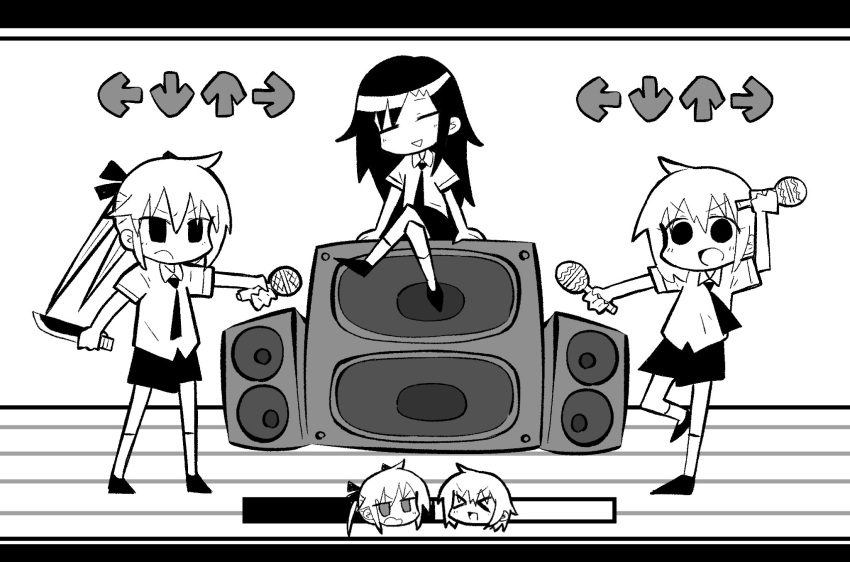 &gt;_&lt; 3girls =_= arm_up arrow_(symbol) chibi chibi_inset collared_shirt crossed_legs friday_night_funkin' frown full_body gameplay_mechanics goshiki_agiri greyscale highres holding holding_instrument holding_knife holding_microphone instrument jitome kani_beam kill_me_baby kneehighs knife letterboxed long_hair maracas microphone monochrome multiple_girls multiple_views necktie open_mouth oribe_yasuna outstretched_arm parody reverse_grip school_uniform shirt shoes short_hair short_sleeves sitting sitting_on_object skirt smile socks sonya_(kill_me_baby) speaker standing standing_on_one_leg triangle_mouth twintails v-shaped_eyebrows wooden_floor