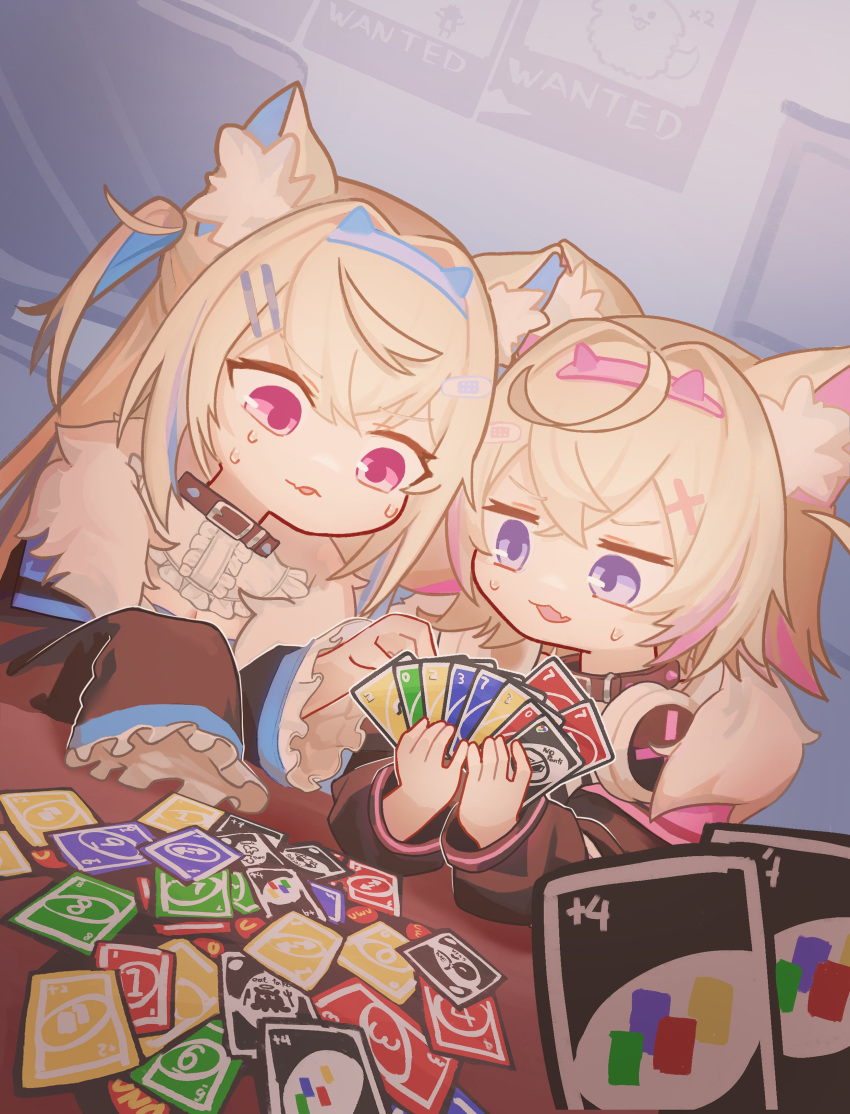 2girls absurdres animal_ears belt_collar blonde_hair blue_hair card collar commentary crystal_horn dog_ears dog_girl english_commentary english_text fang flat_screen_tv fur-trimmed_jacket fur_trim fuwawa_abyssgard headband highres hololive hololive_english jacket meme mococo_abyssgard multicolored_hair multiple_girls nanachides parody pink_brooch pink_eyes pink_hair pink_headband poster_(object) siblings sisters skin_fang sleeves_past_wrists streaked_hair sweatdrop table television twins uno_(game) violet_eyes virtual_youtuber wanted you're_doing_it_wrong