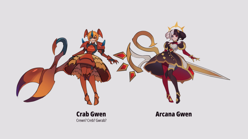 1girl armor black_dress black_hair black_sclera black_thighhighs blonde_hair blue_eyes blunt_bangs brown_thighhighs colored_sclera crab_costume dress elbow_gloves english_text gem gloves grey_dress grey_hair gwen_(league_of_legends) heterochromia highres layered_dress league_of_legends multiple_views nebura_(neburaart) oversized_object pantyhose puffy_short_sleeves puffy_sleeves red_dress red_eyes red_gloves red_pantyhose scissors short_hair short_sleeves simple_background single_leg_pantyhose single_thighhigh smile thigh-highs white_background
