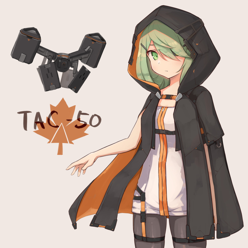 1girl black_sclera caraku character_name cloak colored_sclera cowboy_shot drone girls_frontline green_eyes green_hair hair_ornament hair_over_one_eye hairclip highres hood hood_up hooded_cloak leaf looking_at_viewer maple_leaf mismatched_sclera pantyhose simple_background solo tac-50_(girls'_frontline)