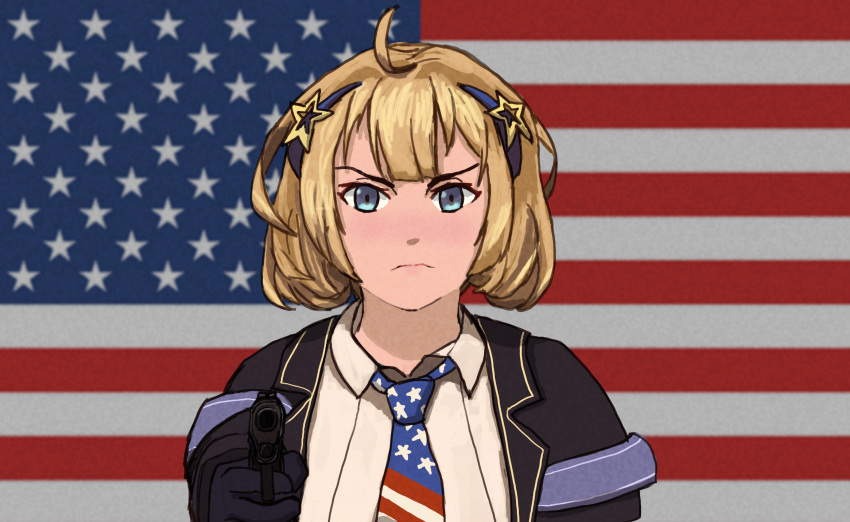 1girl absurdres ahoge aiming aiming_at_viewer american_flag american_flag_background american_flag_neckwear blonde_hair blue_eyes collared_shirt commentary english_commentary frown girls_frontline gun hair_ornament handgun highres holding holding_gun holding_weapon jacket looking_at_viewer m1911 m1911_(girls'_frontline) m1911_(mod3)_(girls'_frontline) medium_hair necktie shirt solo star_(symbol) star_hair_ornament straight-on the_superweirdo upper_body weapon white_shirt