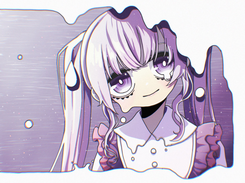 1girl border bright_pupils chromatic_aberration closed_mouth collared_dress commentary_request crossed_bangs dokumitsu_akaringo dress dripping dripping_eye eyelashes frilled_dress frills head_tilt highres hoho_ga_kawaku_made_(vocaloid) light_particles long_hair looking_at_viewer portrait purple_background purple_hair sanpaku shadow sidelocks smile solo straight-on tareme teardrop twintails violet_eyes white_border white_dress white_pupils