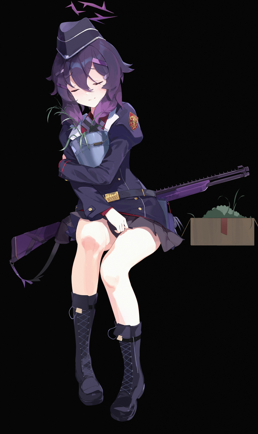 1girl absurdres badge black_background blue_archive boots box bucket closed_eyes commentary_request fp6 garrison_cap gong_cha gun hair_between_eyes hair_ornament hairclip halo haruka_(blue_archive) hat heckler_&amp;_koch highres miniskirt object_hug plant pleated_skirt potted_plant purple_hair shotgun sitting skirt solo weapon