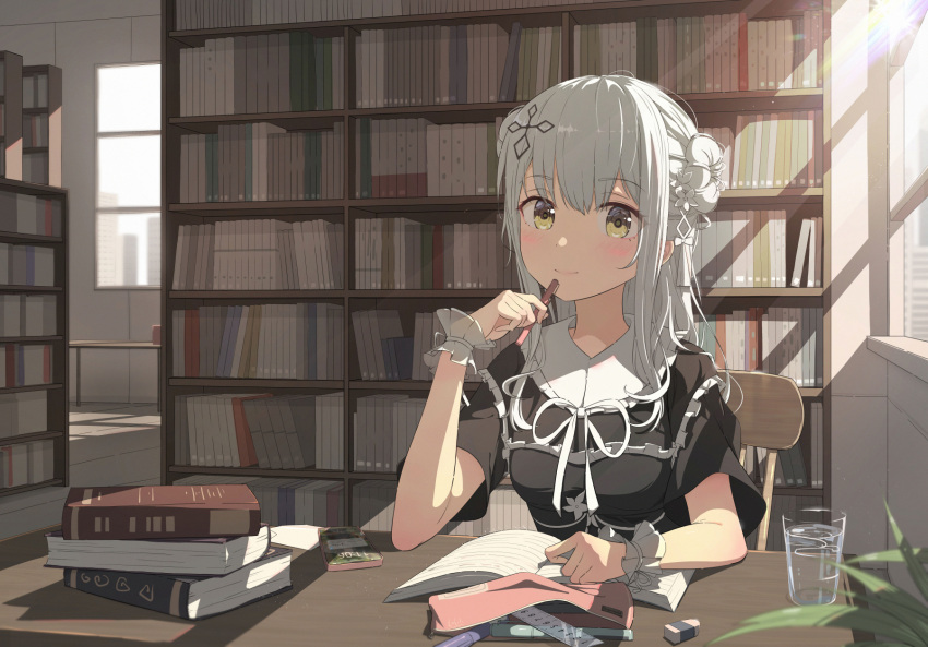 1girl black_shirt blush book breasts cup dappled_sunlight day desk double_bun drinking_glass eraser flower hair_bun hair_flower hair_ornament hairclip hano_(1507197602) highres holding holding_pen indoors leaning_on_table library light_rays long_hair medium_breasts on_chair open_book original pen plant ruler shirt short_sleeves sitting smile solo studying sunlight upper_body water white_hair wrist_cuffs yellow_eyes
