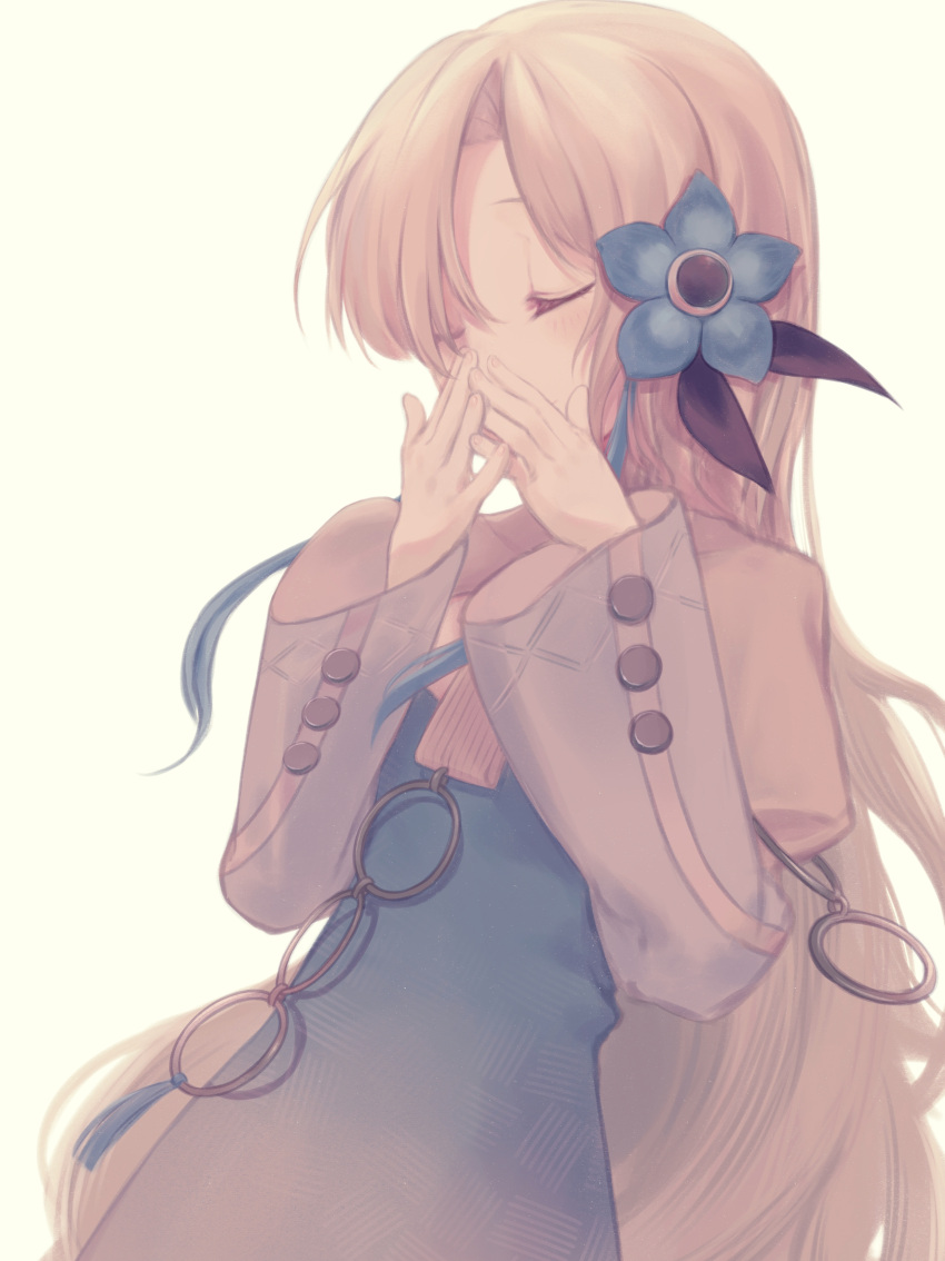 1girl absurdres blue_dress blue_flower blue_hair closed_eyes covering_mouth daisi_gi dress flower grey_hair hair_flower hair_ornament hair_over_one_eye highres isekai_joucho kamitsubaki_studio long_hair long_sleeves multicolored_hair own_hands_together simple_background solo two-tone_dress two-tone_hair upper_body virtual_youtuber white_background white_dress