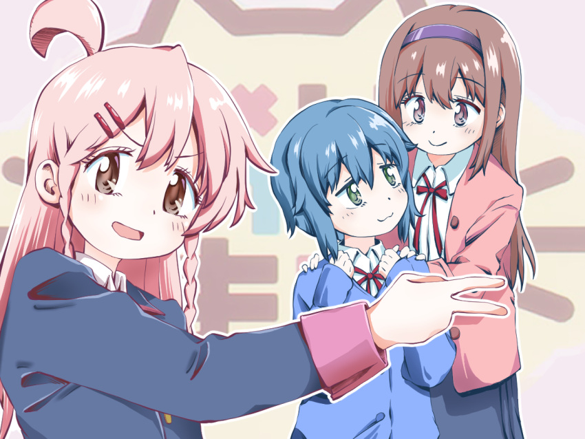 3girls :3 :d ahoge blue_hair blue_jacket braid brown_eyes brown_hair commentary_request dot_nose fujimi_nemu fushimi_nodoka green_eyes hair_between_eyes hair_flaps hair_ornament hairband hairclip hands_on_another's_shoulders hands_on_own_chest jacket long_hair long_sleeves looking_at_another looking_at_viewer multiple_girls neck_ribbon onii-chan_wa_oshimai! open_clothes open_jacket open_mouth outline oyama_mahiro pink_hair pink_jacket red_ribbon ribbon sakura_planet school_uniform shirt short_hair smile twin_braids v white_outline white_shirt wing_collar