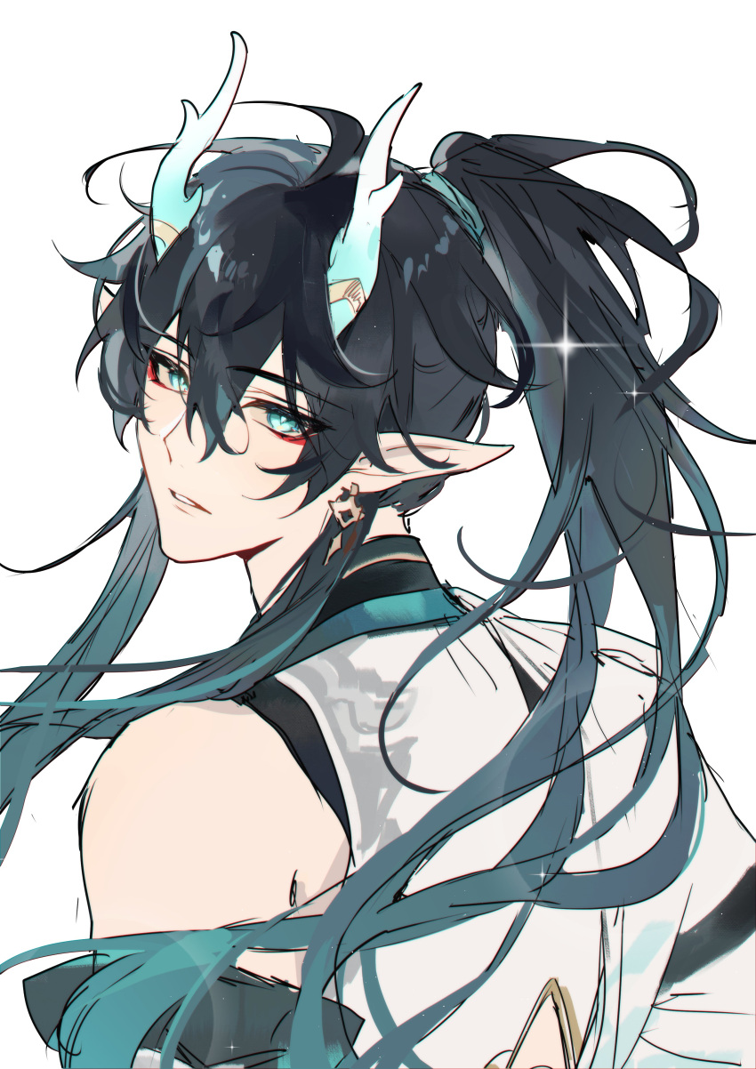 1boy absurdres bare_shoulders black_gloves black_hair black_pants chinese_clothes dan_heng_(honkai:_star_rail) dan_heng_(imbibitor_lunae)_(honkai:_star_rail) detached_sleeves dragon_boy dragon_horns earrings elbow_gloves gloves green_eyes green_horns grey_shirt hair_between_eyes highres honkai:_star_rail honkai_(series) horns jewelry long_hair long_sleeves looking_at_viewer looking_back male_focus pants pointy_ears ponytail red_eyeliner shirt single_earring solo traditional_clothes upper_body very_long_hair white_background white_sleeves