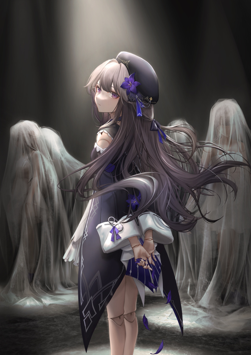 1girl absurdres arms_behind_back beret black_hair closed_mouth doll doll_joints dress flower hair_flower hair_ornament hat herta_(honkai:_star_rail) highres honkai:_star_rail honkai_(series) joints long_hair looking_at_viewer looking_back making-of_available mihaia purple_flower solo spotlight standing very_long_hair violet_eyes