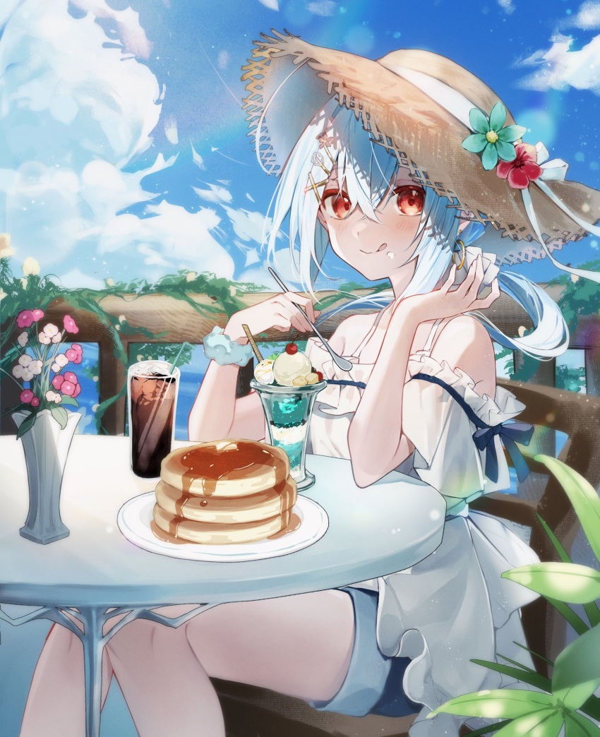 1girl :q aqua_flower blue_hair blue_shorts blue_sky blush clouds commentary_request eating flower flower_pot frilled_shirt frills glass hair_ornament hairclip hands_up hat hat_flower highres holding holding_spoon ice_cream_cup knees_together_feet_apart lens_flare long_hair looking_at_viewer low_ponytail murumuru_(pixiv51689952) on_chair original ponytail red_eyes red_flower scrunchie shirt shorts sitting sky solo spoon straw_hat sun_hat tongue tongue_out white_shirt wrist_scrunchie x_hair_ornament