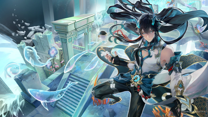 1boy absurdres bare_shoulders black_gloves black_hair black_pants blue_theme chinese_clothes dan_heng_(honkai:_star_rail) dan_heng_(imbibitor_lunae)_(honkai:_star_rail) detached_sleeves dragon dragon_boy dragon_horns earrings elbow_gloves expressionless fingerless_gloves fish flower gloves green_eyes green_horns grey_shirt hair_between_eyes highres honkai:_star_rail honkai_(series) horns jewelry long_hair long_sleeves looking_at_viewer looking_back lotus male_focus pants pointy_ears red_eyeliner shirt single_earring sleeves_past_elbows solo standing traditional_clothes very_long_hair water white_sleeves