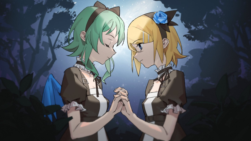 2girls always_and_forever_(vocaloid) bird_wings black_bow black_choker black_dress black_hairband blonde_hair blue_eyes blue_feathers blue_flower blue_rose bow breasts choker closed_eyes closed_mouth dress feathers flower foliage frilled_choker frilled_dress frilled_sleeves frills from_side green_hair gumi hair_bow hair_ornament hairband hairclip highres interlocked_fingers kagamine_rin leaf looking_at_another mini_wings multiple_girls night night_sky pale_skin profile rose short_hair short_hair_with_long_locks short_sleeves sidelocks skinny sky small_breasts star_(sky) starry_sky swept_bangs tree wavy_hair wings wounds404 yuri