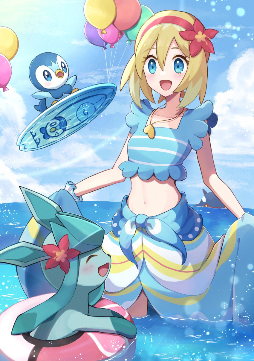 1girl balloon blonde_hair blue_eyes blue_sky clouds cloudy_sky cosplay flower glaceon gloria_(pokemon) gloria_(summer_2021)_(pokemon) gloria_(summer_2021)_(pokemon)_(cosplay) haru_(haruxxe) highres irida_(pokemon) jewelry lifebuoy midriff navel necklace ocean official_alternate_costume open_mouth outdoors piplup pokemon pokemon_(creature) pokemon_(game) pokemon_legends:_arceus pokemon_masters_ex red_flower sky surfboard water