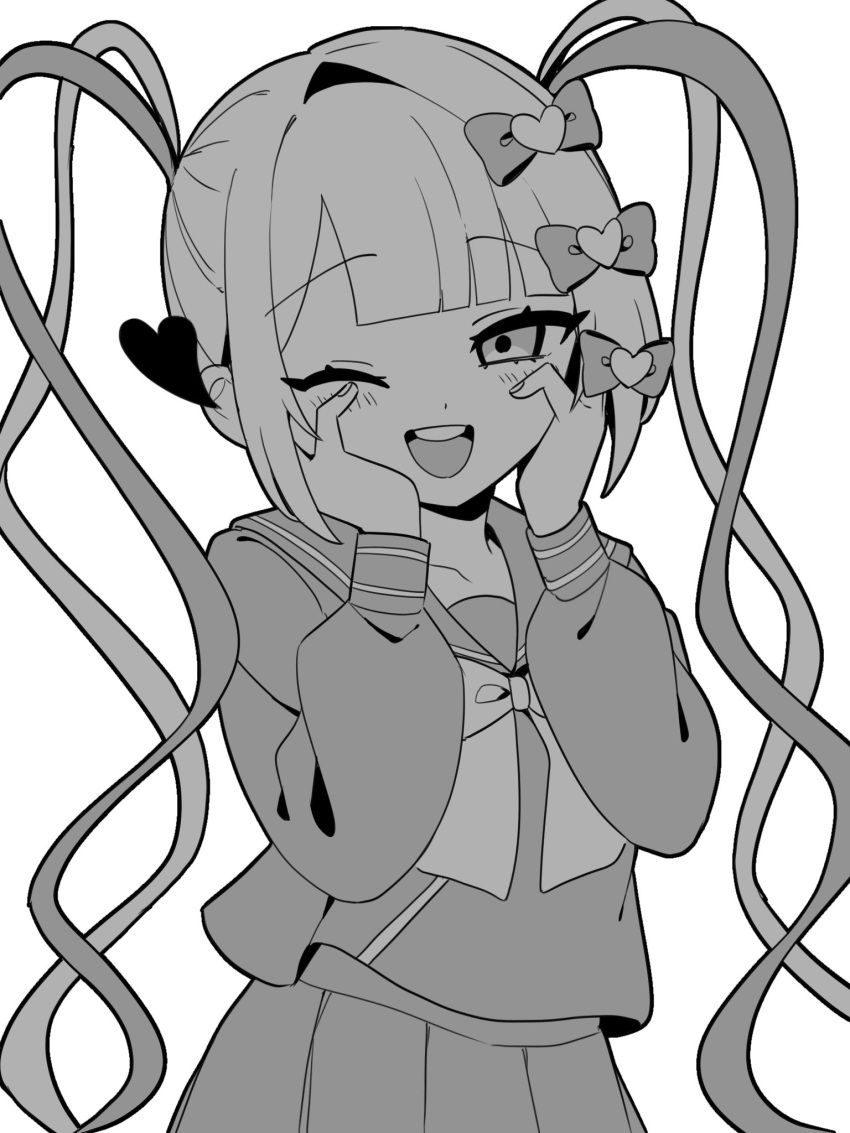1girl :d akahito_(akaironotanin) blunt_bangs bow chouzetsusaikawa_tenshi-chan commentary greyscale hair_bow hair_ornament hands_on_own_face hands_up heart heart_hair_ornament highres long_hair long_sleeves looking_at_viewer monochrome multiple_hair_bows needy_girl_overdose one_eye_closed open_mouth pleated_skirt quad_tails sailor_collar school_uniform serafuku shirt simple_background skirt smile solo standing twintails very_long_hair white_background