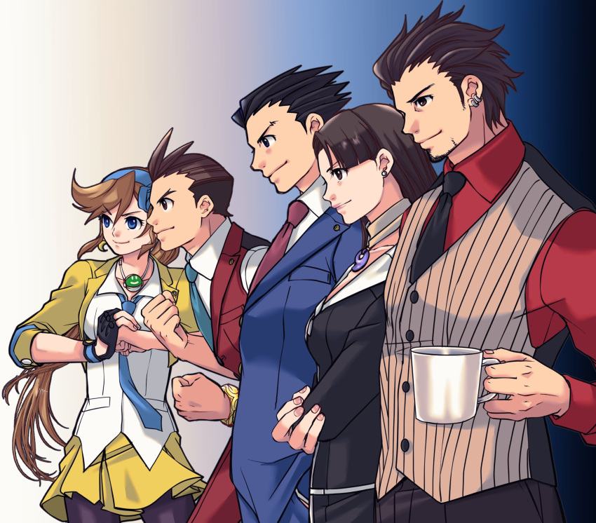 2girls 3boys ace_attorney apollo_justice athena_cykes beard black_eyes black_hair black_jacket black_necktie black_pantyhose blue_eyes blue_necktie blue_ribbon blue_suit bracelet brown_eyes brown_hair crescent crescent_earrings diego_armando earrings facial_hair fist_in_hand from_side gloves hair_ribbon highres jacket jewelry long_hair looking_to_the_side mia_fey multiple_boys multiple_girls necklace necktie open_clothes open_jacket orange_hair pantyhose partially_fingerless_gloves phoenix_wright ragi_(od6fine) red_necktie red_suit ribbon shirt short_hair single_glove smile spiky_hair suit vest white_shirt yellow_jacket