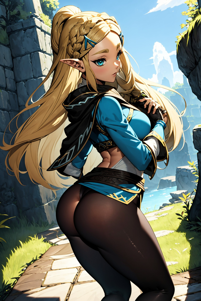 ai_generated black_pants brown_eyes cleavage comic commentary_request nintendo princess_zelda yodayo