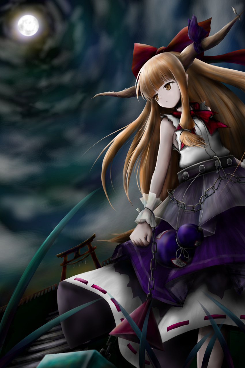 1girl chain clouds cloudy_sky full_moon hair_ribbon highres ibuki_suika looking_to_the_side m2_eleeam moon moonlight night night_sky red_ribbon ribbon sky sleeveless solo stairs torii touhou