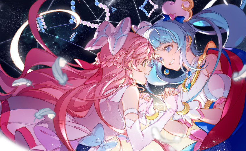 2girls :d blue_eyes blue_hair blush bow bracelet braid cure_prism cure_sky earrings elbow_gloves eye_contact face-to-face floating_hair from_side gloves green_eyes grin hair_between_eyes hair_bow hirogaru_sky!_precure holding_hands hoshi_(xingspresent) jewelry long_bangs long_hair looking_at_another multiple_girls open_mouth pink_bow pink_hair precure shirt sidelocks sleeveless sleeveless_shirt smile space star_(sky) straight_hair teeth twintails upper_body upper_teeth_only white_gloves white_shirt