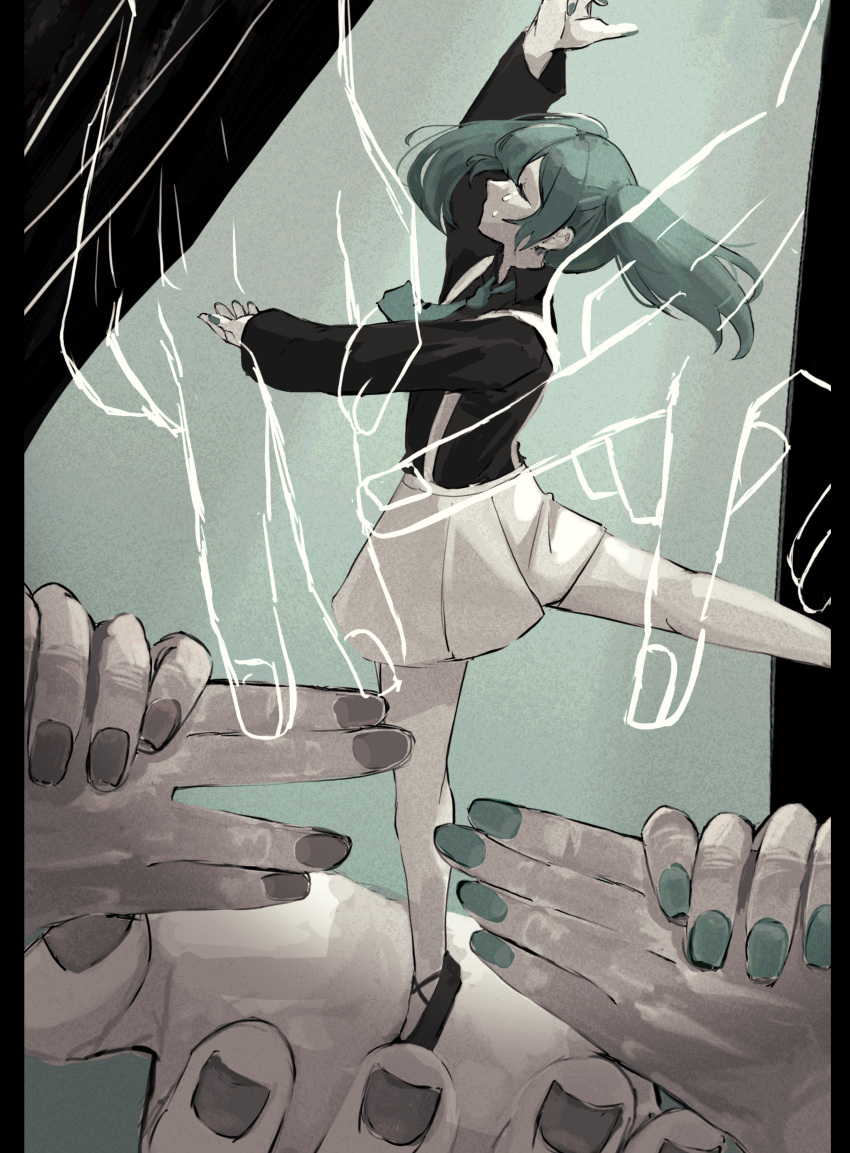 1girl 1other absurdres arm_up ballet ballet_slippers black_shirt closed_eyes collared_shirt commentary_request crying dancing disembodied_limb dog_shadow_puppet finger_puppet floating_hair foot_up from_side full_body green_hair green_nails green_necktie grey_nails hana_ni_kaze_(vocaloid) hatsune_miku highres in_palm long_sleeves medium_hair mini_person minigirl multiple_views necktie no_mouth outstretched_leg profile puppet shirt skirt standing standing_on_one_leg suspender_skirt suspenders suzuno_woto tiptoes transparent twintails vocaloid white_skirt
