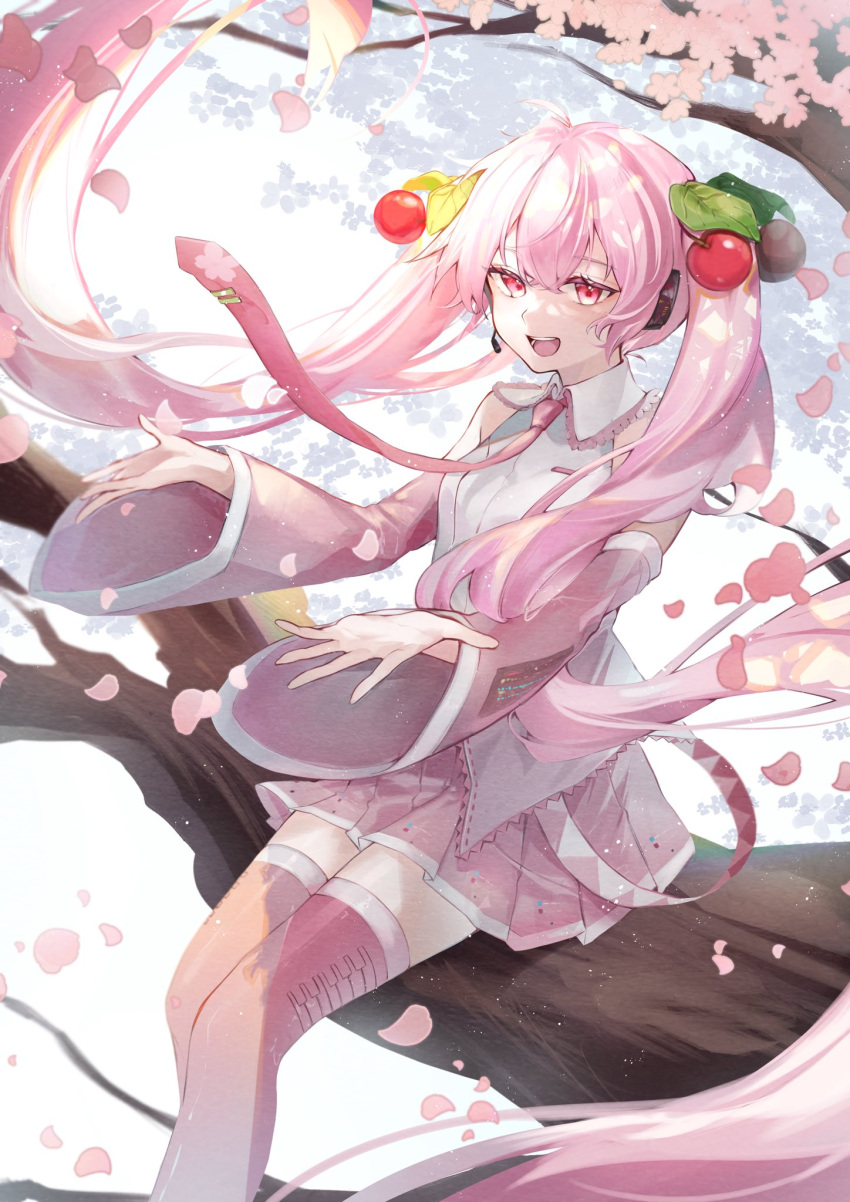 1girl cherry_blossoms cherry_hair_ornament collared_shirt commentary_request detached_sleeves facing_viewer falling_petals feet_out_of_frame food-themed_hair_ornament hair_ornament hatsune_miku headset highres in_tree long_hair looking_afar murumuru_(pixiv51689952) music necktie open_mouth petals pink_eyes pink_hair pink_necktie pink_skirt pink_thighhighs pleated_skirt sakura_miku sakura_no_ame_(vocaloid) shirt singing sitting sitting_in_tree skirt sleeveless sleeveless_shirt smile solo teeth thigh-highs tie_clip tongue tree twintails very_long_hair vocaloid white_shirt
