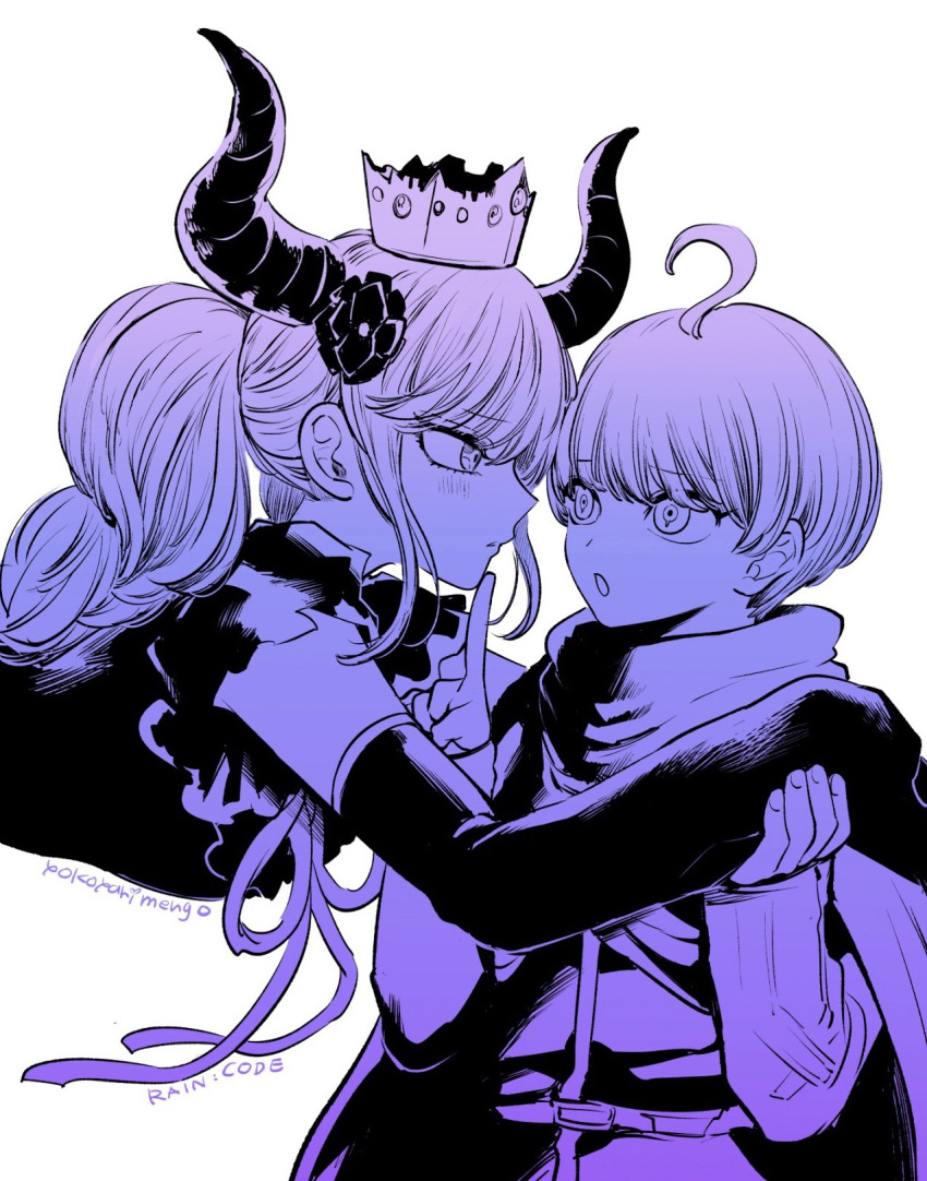 1boy 1girl artist_name blush braid commentary_request copyright_name crown demon_horns detached_sleeves dress eye_contact hair_ornament hand_on_another's_chin highres horns long_hair long_sleeves looking_at_another master_detective_archives:_rain_code monochrome open_mouth parted_lips profile ribbon shinigami_(rain_code) short_hair simple_background upper_body white_background yokoyari_mengo yuma_kokohead
