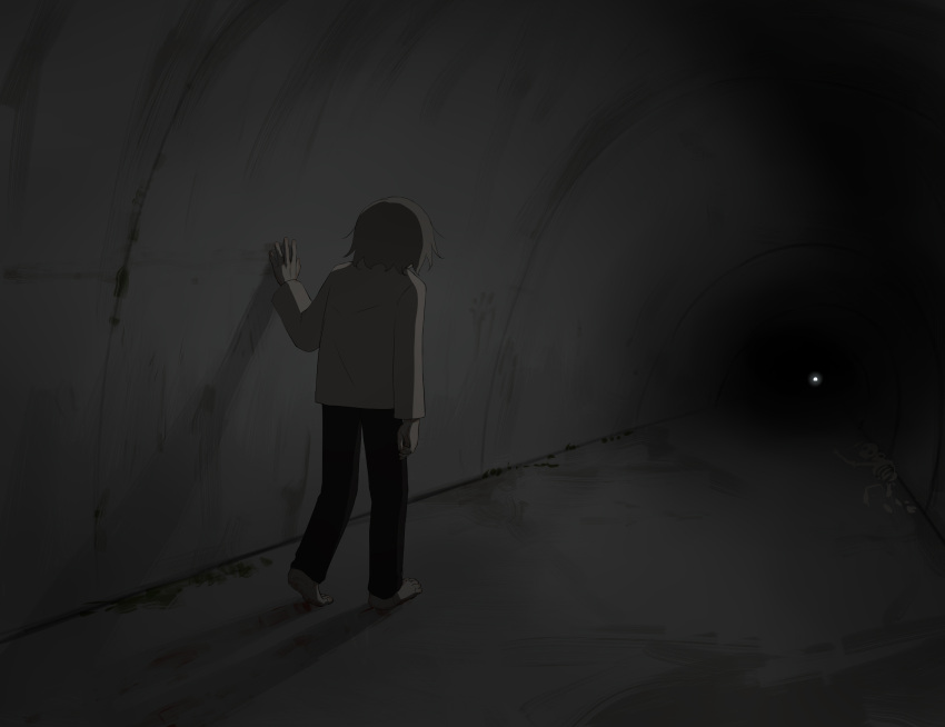 1boy absurdres avogado6 barefoot black_pants commentary_request dark facing_away from_behind grey_hair hand_on_wall highres light long_sleeves medium_hair original pants shirt solo symbolism tunnel vanishing_point walking white_shirt wide_shot