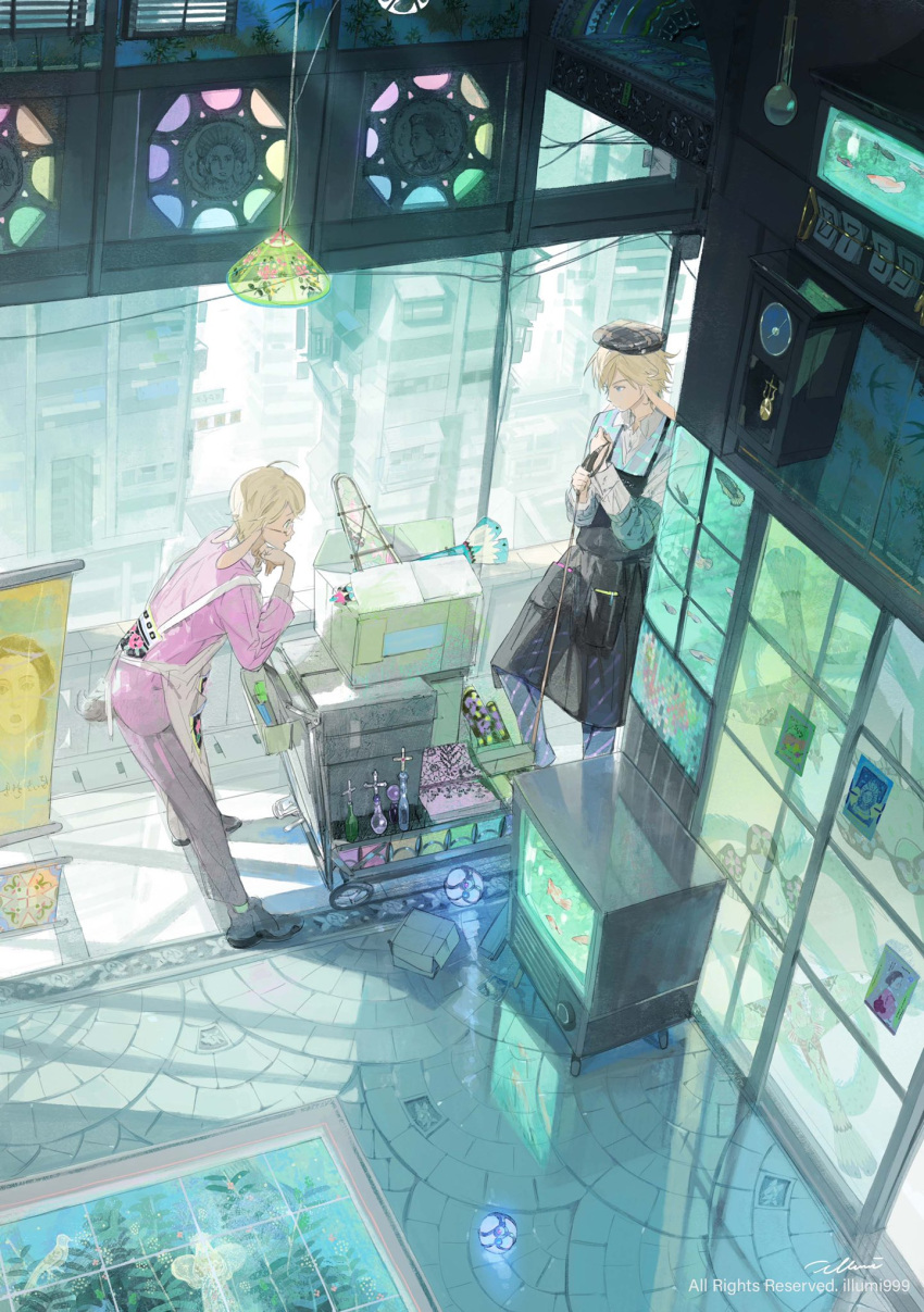 2boys animal_ears apron artist_name beret black_apron black_footwear black_headwear blonde_hair blue_eyes box building clock closed_mouth crystal dappled_sunlight fish green_socks hair_between_eyes hat highres holding holding_rope illumi999 lamp long_sleeves looking_at_another medium_hair multiple_boys open_mouth original own_hands_together painting_(object) pants picture_frame pink_shirt rabbit_boy rabbit_ears rabbit_tail rope shadow shirt shop short_hair signature socks standing striped striped_pants striped_shirt sunlight tail white_apron window