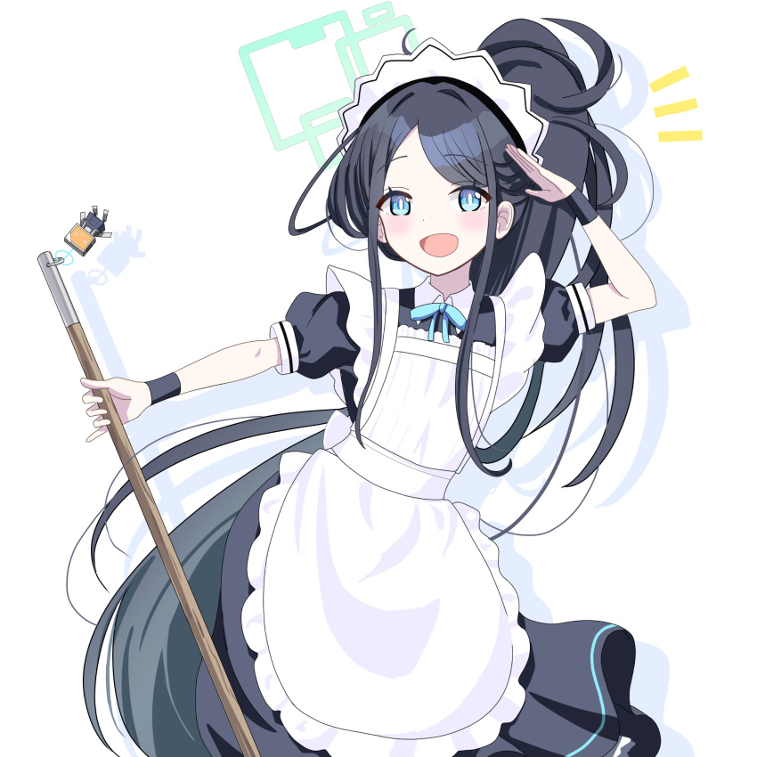 1girl apron aris_(blue_archive) aris_(maid)_(blue_archive) black_dress black_hair blue_archive blue_eyes blue_ribbon blush bright_pupils commentary_request cowboy_shot daiichi_(1279220) dress frilled_apron frills green_halo halo highres holding long_hair looking_at_viewer maid maid_apron maid_headdress neck_ribbon notice_lines official_alternate_costume open_mouth ponytail puffy_short_sleeves puffy_sleeves ribbon salute short_sleeves sidelocks simple_background smile solo swept_bangs white_apron white_background white_pupils
