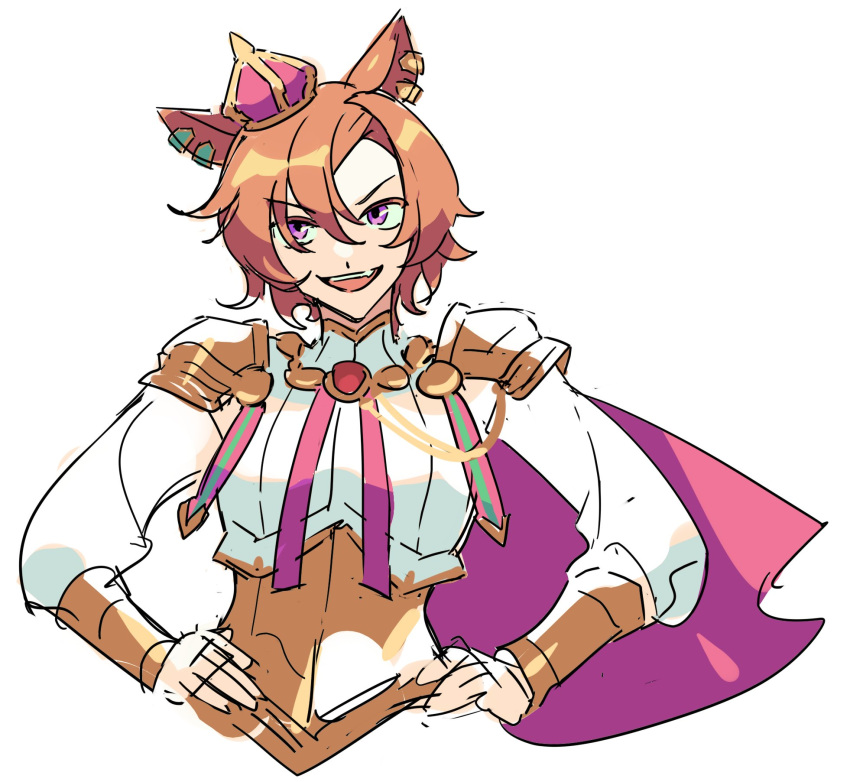 1girl animal_ears armor brooch cape corset cropped_torso crown ear_bar gocic highres horse_ears jewelry long_sleeves looking_at_viewer mini_crown open_mouth orange_hair pink_cape shirt short_hair shoulder_armor simple_background sketch smile solo t.m._opera_o_(umamusume) umamusume upper_body v-shaped_eyebrows violet_eyes white_background white_shirt