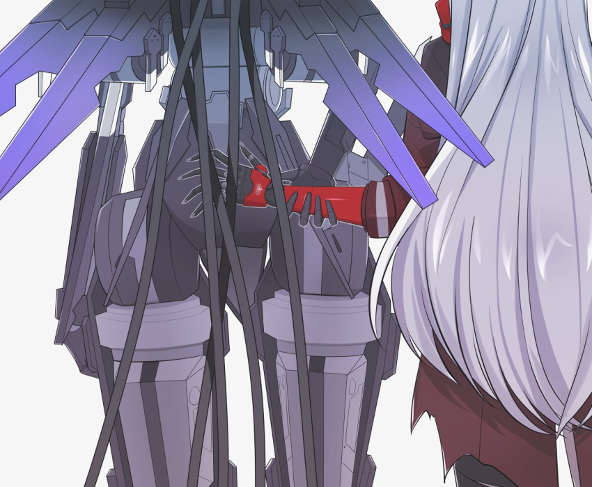 01pado_pado 2girls alpha_(punishing:_gray_raven) arm_behind_back black_thighhighs cyborg from_behind grey_hair holding_another's_arm jacket long_hair lower_body lucia:_crimson_abyss_(punishing:_gray_raven) mechanical_arms mechanical_parts mechanical_wings multiple_girls punishing:_gray_raven red_jacket red_scarf rosetta_(punishing:_gray_raven) scarf thigh-highs very_long_hair wings