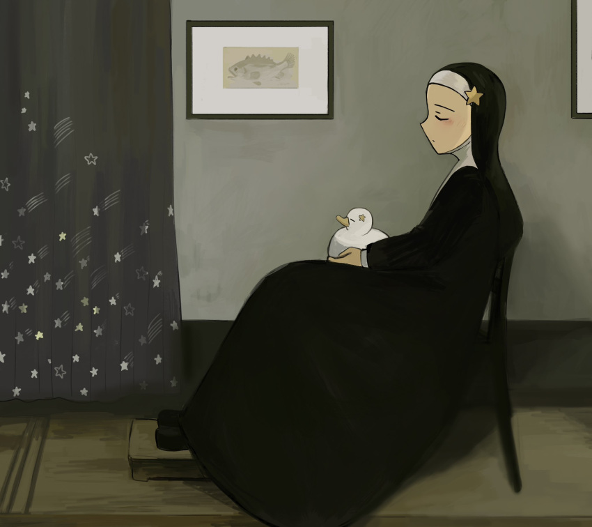 1girl arrangement_in_grey_and_black:_portait_of_artist's_mother bird black_footwear catholic chair closed_eyes curtains diva_(hyxpk) duck fine_art_parody from_side habit highres little_nuns_(diva) painting_(object) parody profile sitting solo star_(symbol) star_nun_(diva) star_ornament star_print
