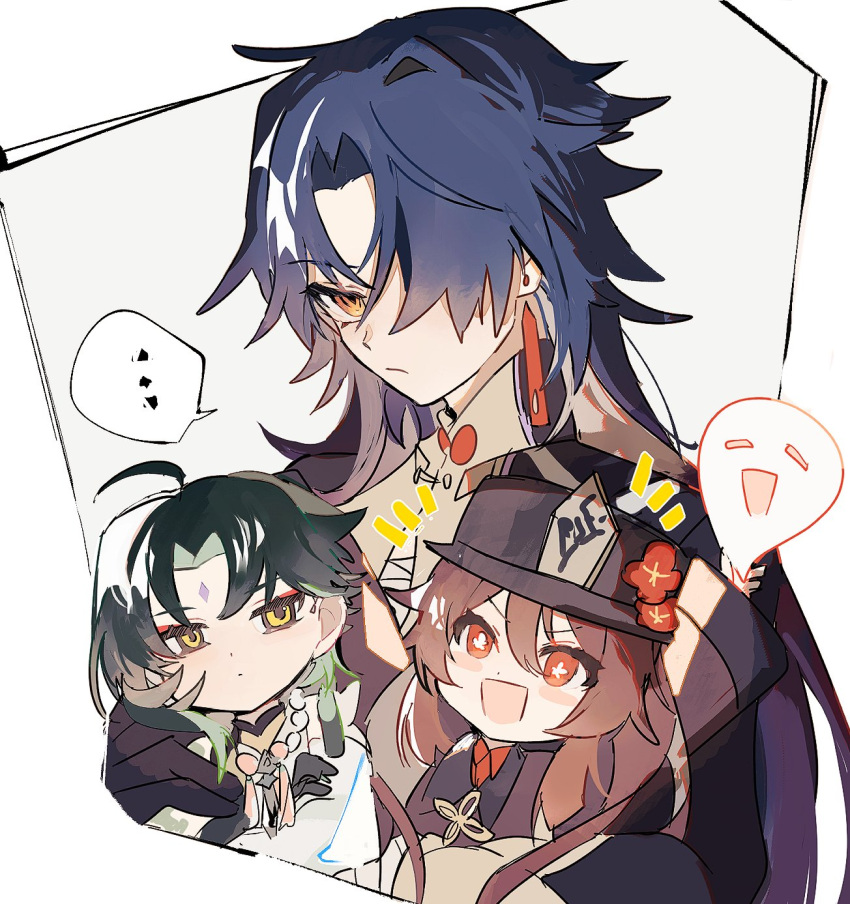 ... 1girl 2boys arms_up bead_necklace beads black_gloves black_hair blade_(honkai:_star_rail) boo_tao_(genshin_impact) brown_hair closed_mouth crossover earrings facial_mark flower forehead_mark genshin_impact gloves green_hair hair_between_eyes hair_over_one_eye hat hat_flower highres honkai:_star_rail honkai_(series) hu_tao_(genshin_impact) jewelry long_sleeves loomyoi2 multicolored_hair multiple_boys necklace open_mouth orange_eyes red_eyes red_flower single_earring spoken_ellipsis xiao_(genshin_impact) yellow_eyes