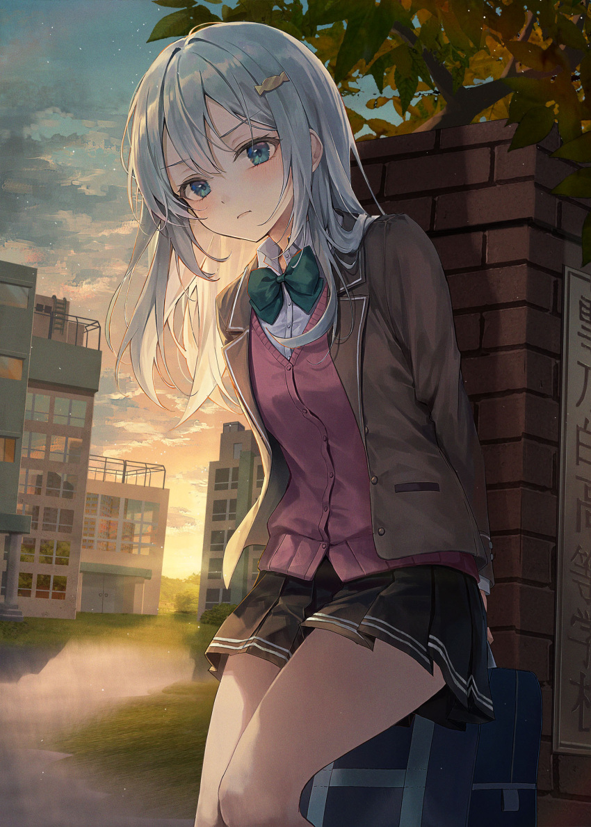 1girl arm_behind_back black_skirt blazer blue_eyes blush bow bowtie breasts brick_wall building cardigan collared_shirt cover cover_image hair_ornament hairclip hand_on_own_chest highres jacket long_hair looking_at_viewer medium_breasts novel_illustration official_art open_clothes open_jacket outdoors pink_cardigan pleated_skirt r_o_ha revision school_uniform second-party_source shimotsuki-san_wa_mob_ga_suki shimotsuki_shiho shirt sign skirt solo striped sunset textless_version tree white_hair white_shirt