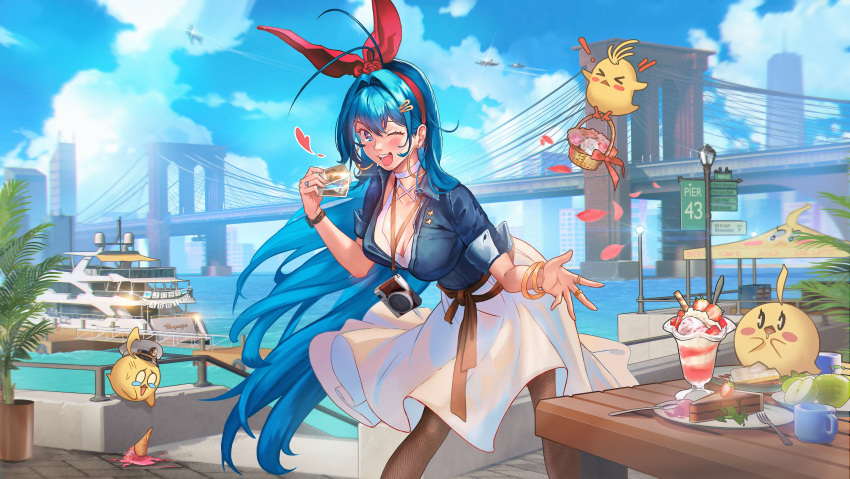 1girl :p absurdres alex_sap alternate_costume antenna_hair azur_lane bird black_pantyhose blue_eyes blue_hair blue_sky blue_sleeves blush bracelet brooklyn_bridge camera chick clouds cloudy_sky dress earrings english_text food hair_intakes hair_ornament hairband hairclip halter_dress halterneck heart highres holding holding_photo hoop_earrings ice_cream ice_cream_cone jewelry long_hair looking_at_viewer manjuu_(azur_lane) new_jersey_(azur_lane) one_eye_closed one_world_trade_center open_mouth outdoors pantyhose parfait photo_(object) red_hairband ring sky smile tongue tongue_out water wedding_ring white_dress