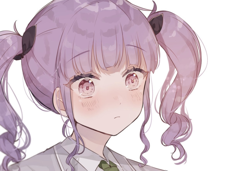 1girl bang_dream! blazer closed_mouth collared_shirt commentary_request dot_nose drill_hair expressionless frown green_necktie grey_jacket hair_ornament jacket lapels light_blush long_hair looking_ahead necktie partial_commentary portrait purple_hair shain shirt sidelocks solo twin_drills twintails udagawa_ako upper_body violet_eyes white_shirt