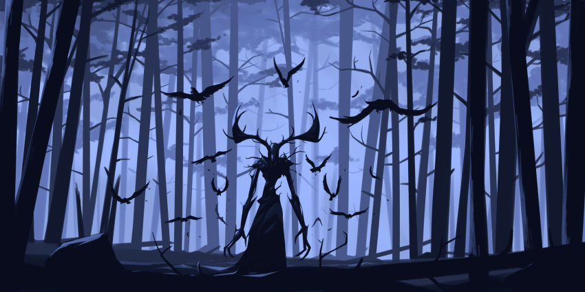 antlers bird commentary_request copycat001 forest full_body highres korean_commentary leshen long_arms monster nature solo the_witcher:_nightmare_of_the_wolf the_witcher_(series) tree