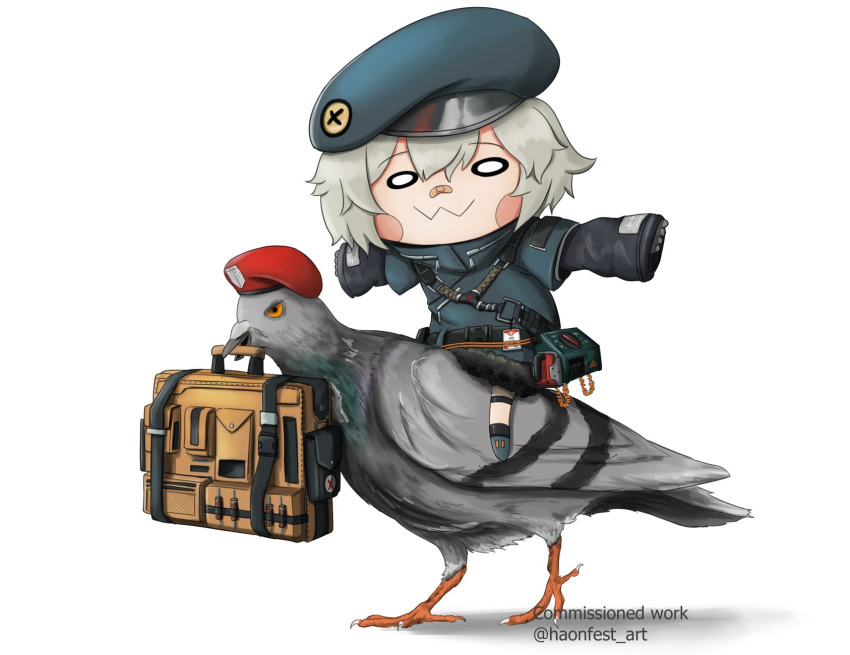 0w0 1girl bandaid bandaid_on_face bandaid_on_nose beret bird chibi commission english_commentary first_aid_kit full_body girls_frontline haonfest hat highres hs2000_(girls'_frontline) parody pigeon red_headwear simple_background sitting_on_animal style_parody twitter_username white_background