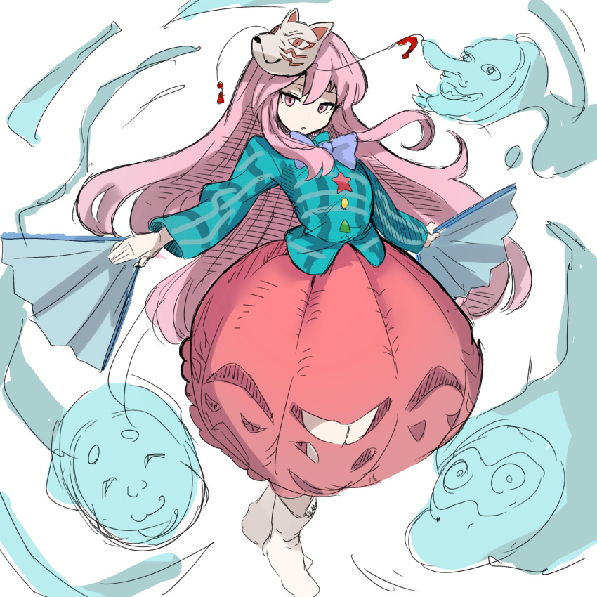 1girl aqua_shirt bifidus_(exkagerou8665) commentary folding_fan fox_mask hand_fan hata_no_kokoro highres holding holding_fan long_hair long_sleeves looking_at_viewer mask mask_on_head one-hour_drawing_challenge open_mouth pink_eyes pink_hair plaid plaid_shirt shirt simple_background solo touhou white_background white_footwear