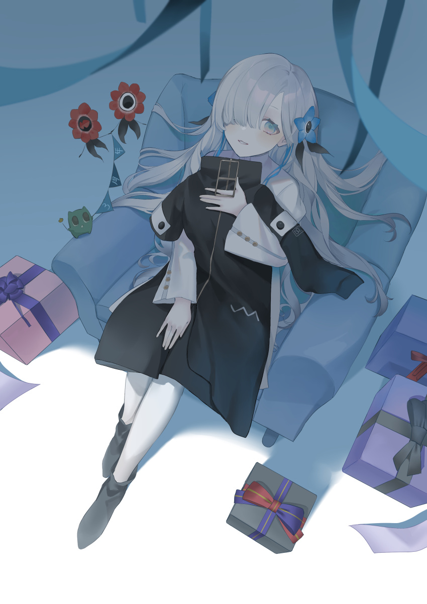 1girl absurdres anniversary armchair black_coat black_footwear blue_hair blush boots box chair coat creature dress familiar full_body gift gift_box grey_eyes grey_hair hair_over_one_eye hair_spread_out highres holding holding_clothes isekai_joucho kamitsubaki_studio long_hair long_sleeves looking_at_viewer multicolored_hair pantyhose parted_lips sitting smile solo sumire_rin two-tone_hair virtual_youtuber white_dress white_pantyhose