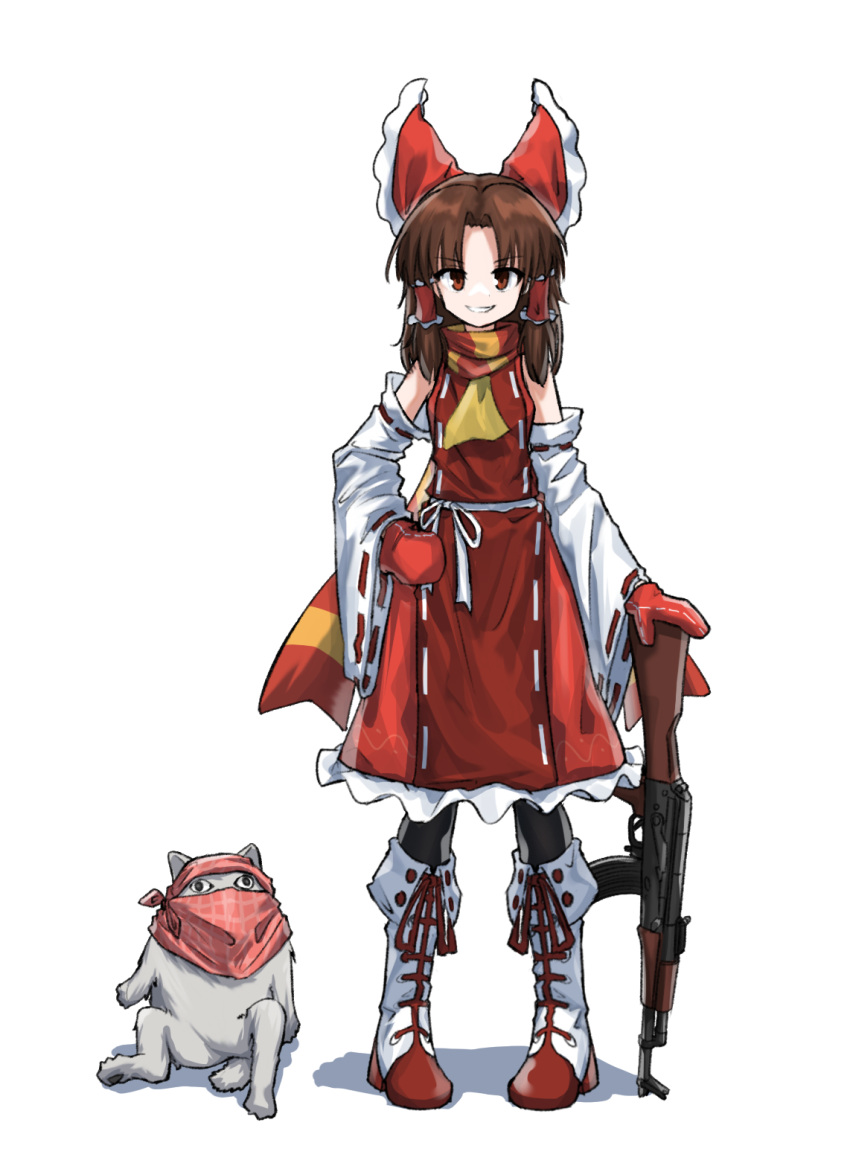 1girl ak-47 assault_rifle benikurage_(cookie) black_pantyhose boots bow breasts brown_eyes brown_hair cat commentary_request cookie_(touhou) detached_sleeves dress fold-over_boots frilled_bow frilled_hair_tubes frilled_skirt frills full_body grin gun hair_bow hair_tubes hakurei_reimu highres kalashnikov_rifle looking_at_viewer manatsu_no_yo_no_inmu medium_bangs medium_hair miura_cat pantyhose parted_bangs red_bow red_dress red_mittens red_skirt ribbon-trimmed_sleeves ribbon_trim rifle sidelocks simple_background skirt sleeveless sleeveless_dress small_breasts smile standing touhou traveler_hxy weapon white_background white_footwear white_sleeves wide_sleeves