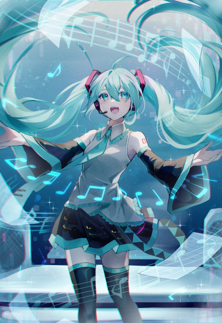 1girl aqua_eyes aqua_hair aqua_necktie bare_shoulders black_skirt black_thighhighs collared_shirt commentary_request detached_sleeves facing_viewer feet_out_of_frame floating_hair hatsune_miku headset highres long_hair looking_ahead murumuru_(pixiv51689952) music musical_note necktie open_mouth outstretched_arms pleated_skirt shirt singing skirt sleeveless sleeveless_shirt solo standing teeth thigh-highs twintails upper_teeth_only very_long_hair vocaloid white_shirt zettai_ryouiki