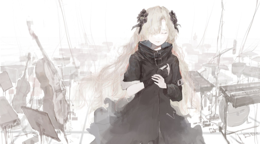 1girl asymmetrical_sleeves black_coat black_flower black_gloves cello closed_eyes coat expressionless fingerless_gloves flower gloves grey_hair hair_flower hair_ornament hair_over_one_eye hand_on_own_chest highres instrument isekai_joucho kamitsubaki_studio keyboard_(instrument) long_hair microphone multicolored_hair own_hands_together redhead single_fingerless_glove sketch solo two-tone_hair uneven_sleeves virtual_youtuber white_background xieil1