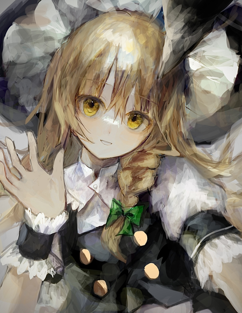 1girl amagi_xx black_dress black_headwear blonde_hair bow braid dress green_bow hair_bow hat highres kirisame_marisa looking_at_viewer shirt short_sleeves single_braid sketch solo touhou waving white_shirt witch_hat yellow_eyes