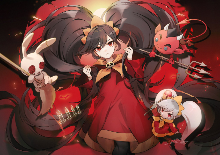 1boy 2girls ashley_(warioware) black_hair broom chibi closed_mouth commentary crossed_legs demon demon_boy highres holding holding_wand long_hair long_sleeves looking_at_viewer multiple_girls no-kan polearm red_(warioware) red_eyes red_robe robe sitting skull stuffed_animal stuffed_toy symbol-only_commentary trident twintails very_long_hair wand warioware weapon white_hair